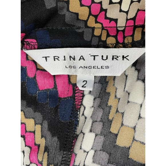 Trina Turk Women's 2 Black Dress Silk Mini Ruffled Chevron Cocktail Romantic - Picture 9 of 9